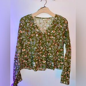 a.n.a Estie Floral Green V-Neck Blouse